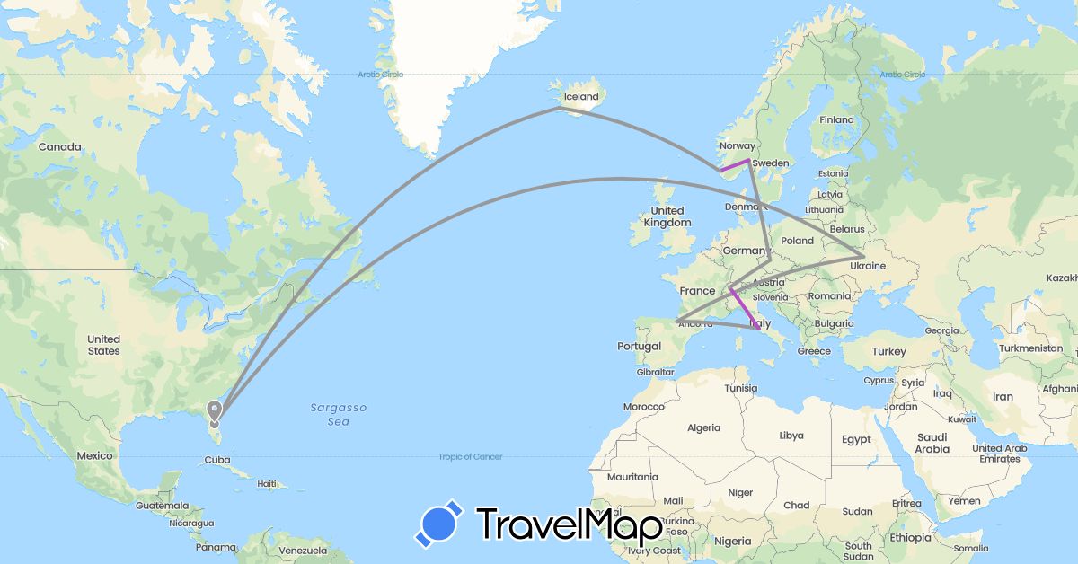 TravelMap itinerary: driving, plane, train in Switzerland, Czech Republic, Denmark, Spain, Iceland, Italy, Norway, Ukraine, United States (Europe, North America)