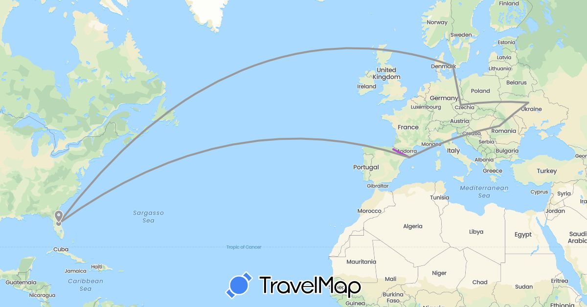 TravelMap itinerary: driving, plane, train in Czech Republic, Denmark, Spain, Romania, Ukraine, United States (Europe, North America)